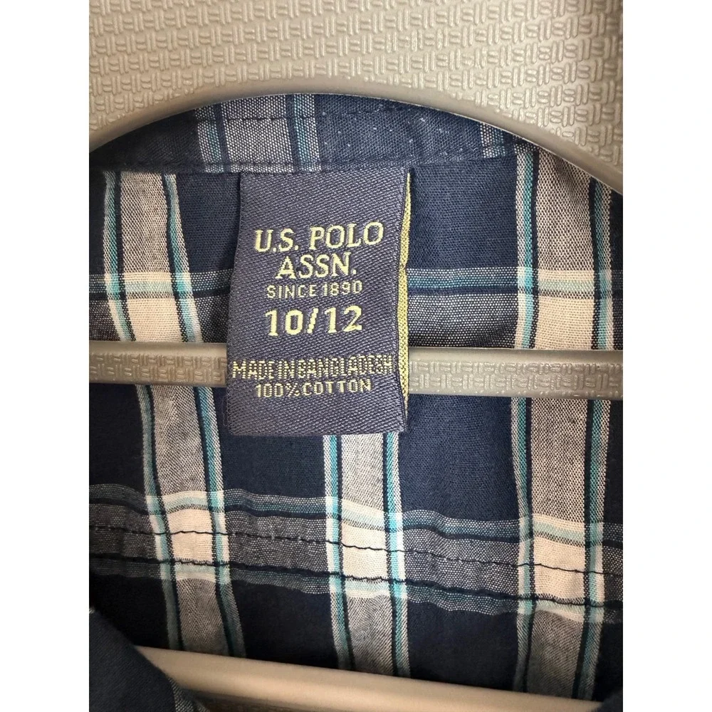 US Polo Assn Boy Navy Blue White Plaid Short Sleeve Button Down Shirt Size 10/12